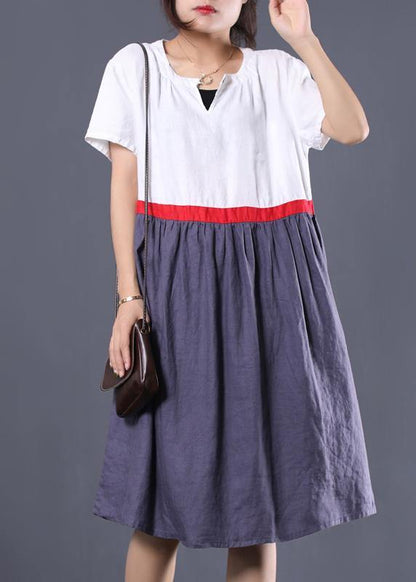 Modern White Patchwork Linen Clothes V Neck Summer Dress