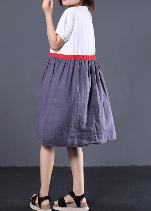 Modern White Patchwork Linen Clothes V Neck Summer Dress