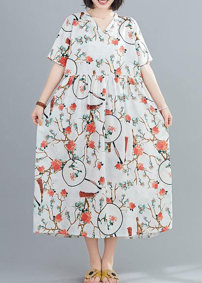 Modern White Print Tunics for V Neck Short Sleeve Art Summer Dresses