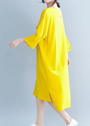 Modern Yellow Cotton Clothes for O Neck Half Sleeve Tunic Dress