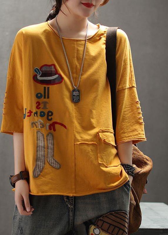 Modern Yellow Cotton Clothes for Organic Embroidery Letter Summer Drop Shoulder Sleeve T-shirt
