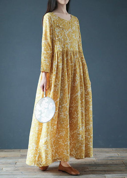Modern Yellow Print Dresses O Neck Chinese Button Robes Fall Dress