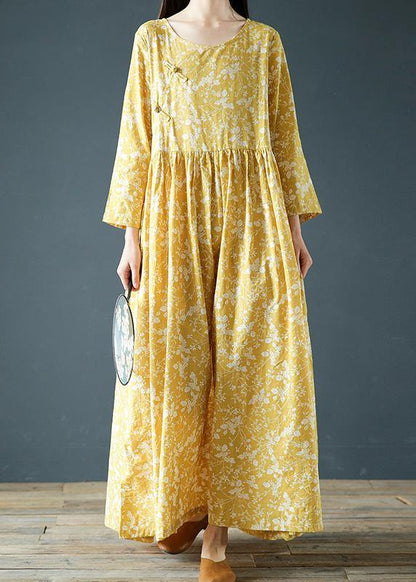 Modern Yellow Print Dresses O Neck Chinese Button Robes Fall Dress