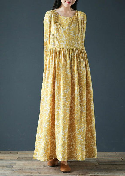 Modern Yellow Print Dresses O Neck Chinese Button Robes Fall Dress
