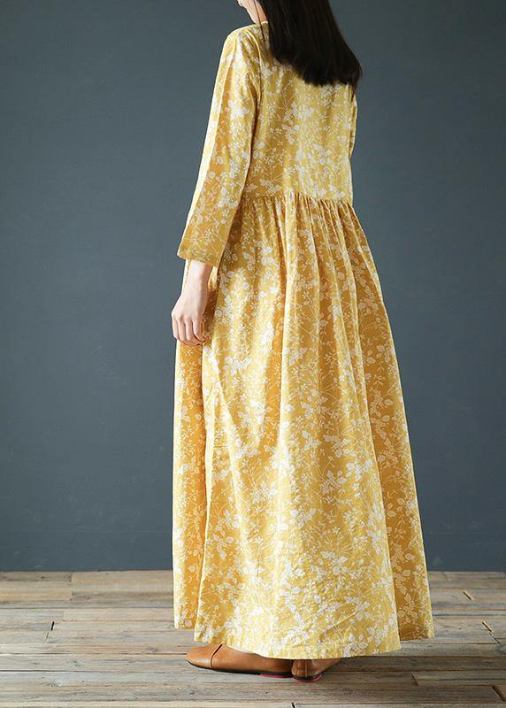 Modern Yellow Print Dresses O Neck Chinese Button Robes Fall Dress