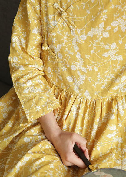 Modern Yellow Print Dresses O Neck Chinese Button Robes Fall Dress