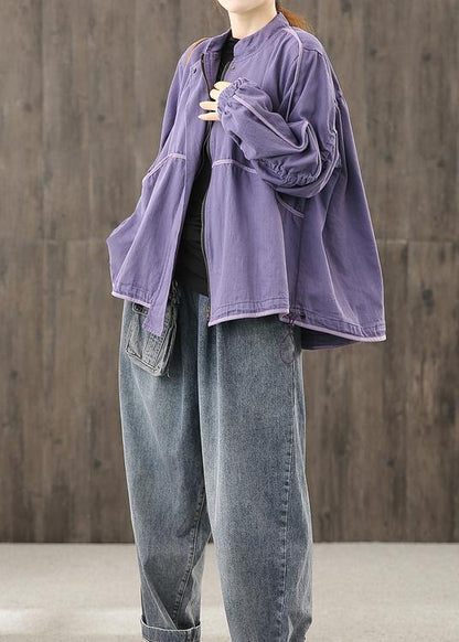Modern Zippered Pockets Crane Tops Work Outfits Purple Top