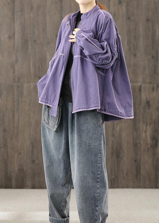 Modern Zippered Pockets Crane Tops Work Outfits Purple Top