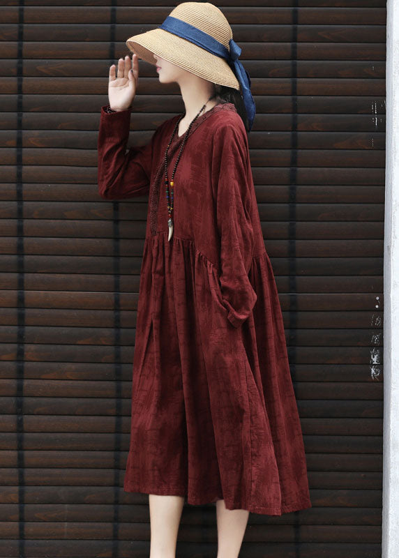 Mulberry Jacquard Cotton Dresses Wrinkled Long Sleeve