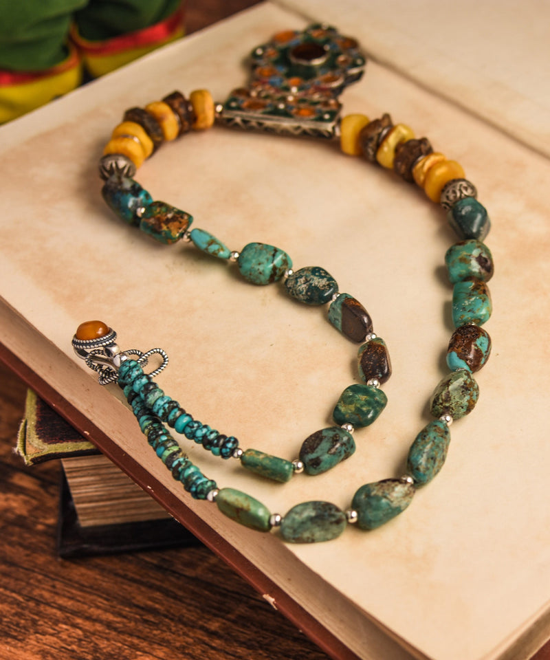 Multicolor Retro Sterling Silver Honey Wax Turquoise Pendant Necklace Rg001