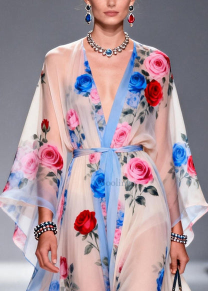 Multicolored Print Chiffon Maxi Dress Tie Waist Summer