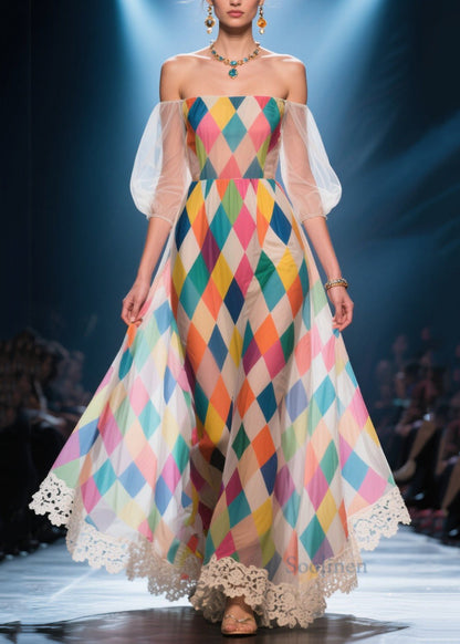 Multicolour Plaid Chiffon Party Dress Cold Shoulder Puff Sleeve
