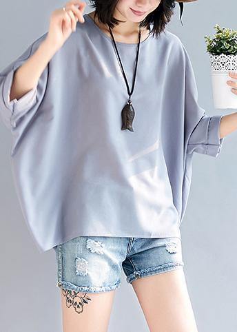 Mu O Neck Batwing Sleeve Chiffon for Outfits Gray Tops Summer