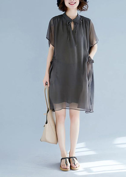 Mu Stand Collar Pockets Chiffon Shirts Khaki a Line Dress Summer