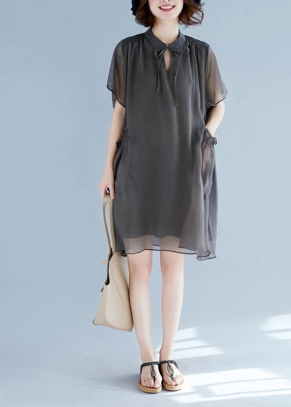 Mu Stand Collar Pockets Chiffon Shirts Khaki a Line Dress Summer
