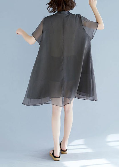 Mu Stand Collar Pockets Chiffon Shirts Khaki a Line Dress Summer