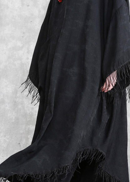Black Tasseled Silk Linen Cape Dress Caftans Outfits