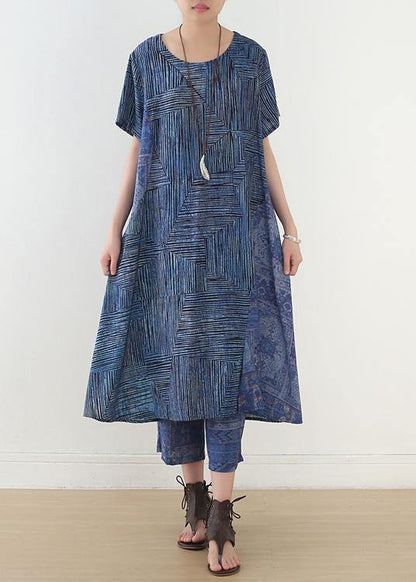 National Style Blue Two-piece Dress Summer New and Nine Pants Wide Leg Pants
