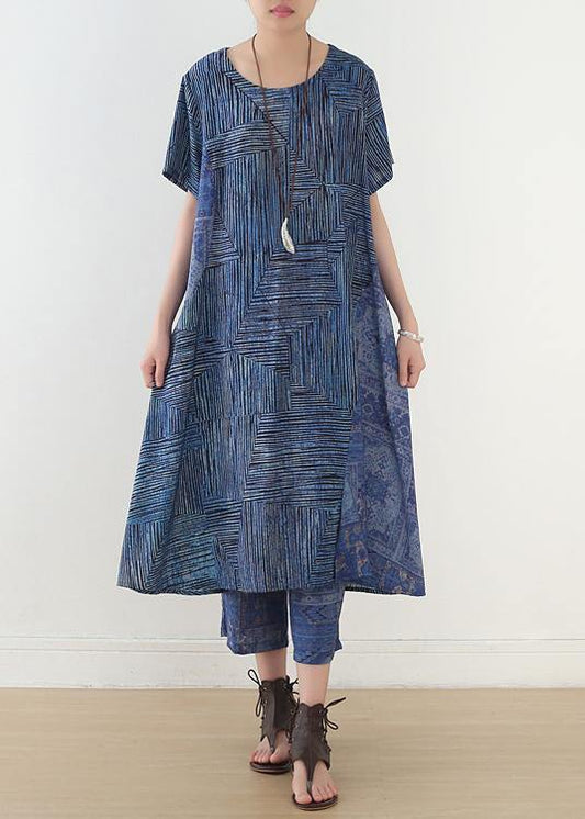 National Style Blue Two-piece Dress Summer New and Nine Pants Wide Leg Pants