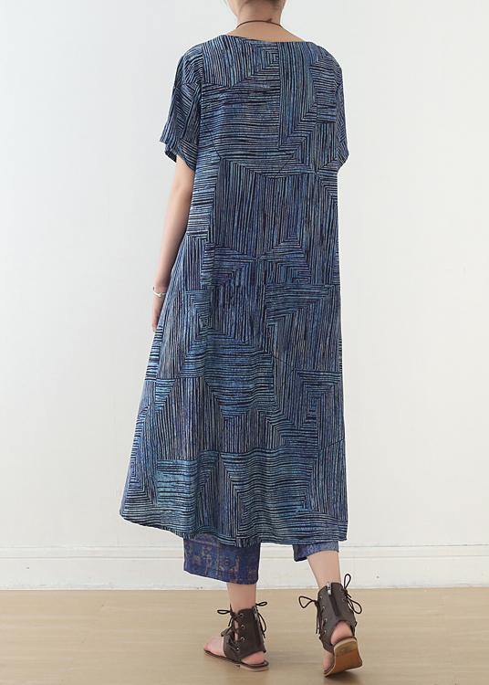 National Style Blue Two-piece Dress Summer New and Nine Pants Wide Leg Pants
