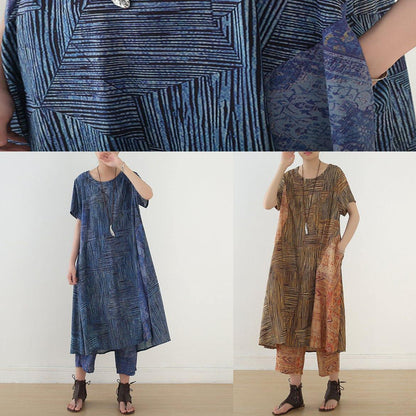 National Style Blue Two-piece Dress Summer New and Nine Pants Wide Leg Pants