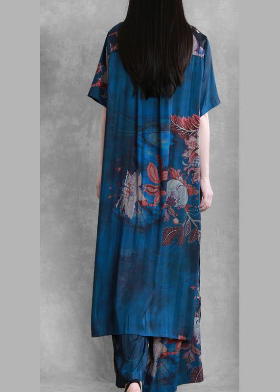National Wind Blue Color Matching Suit Summer Five-point Sleeves Loose Two-piece Suit