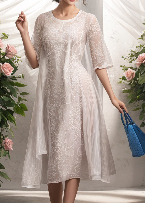 Natural Apricot O Neck Print Silk Long Dress Summer