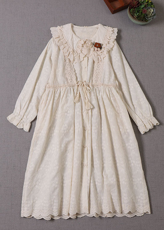 Natural Apricot Tasseled Drawstring Cotton Vacation Dresses Long Sleeve