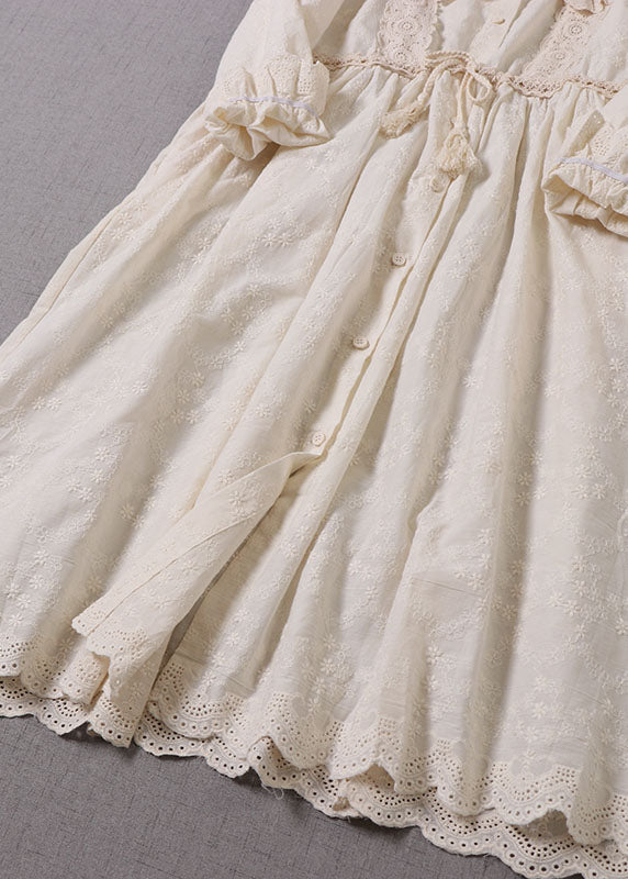 Natural Apricot Tasseled Drawstring Cotton Vacation Dresses Long Sleeve