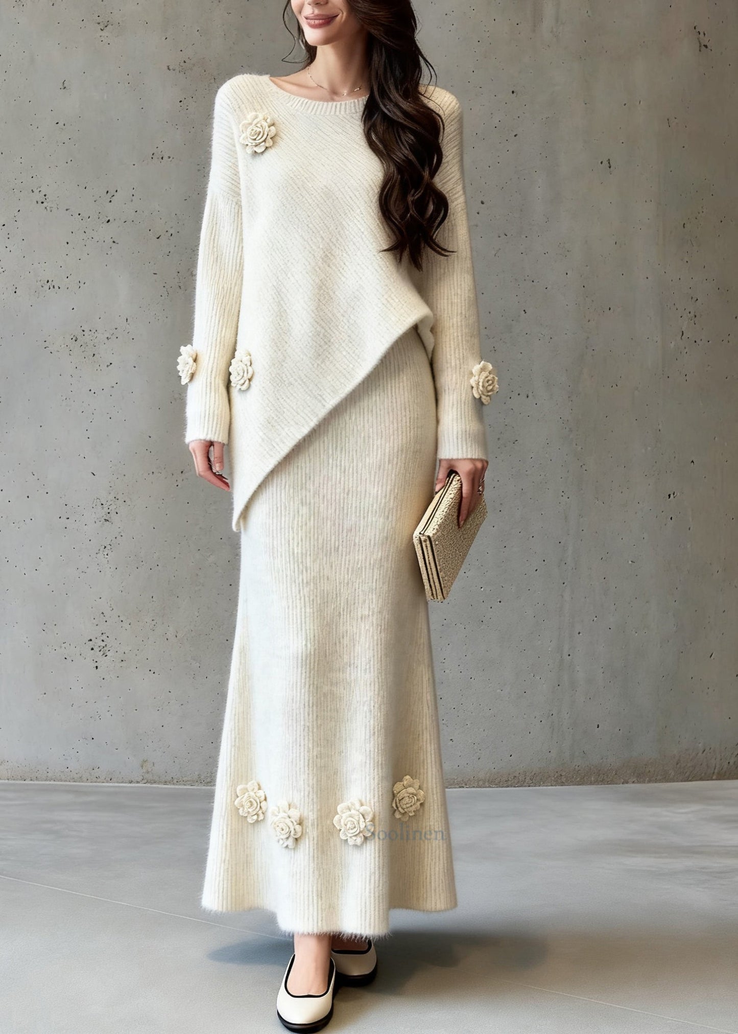 Natural Asymmetrical Cotton Knit Sweaters and a Line Skirts Two-piece Set Spring