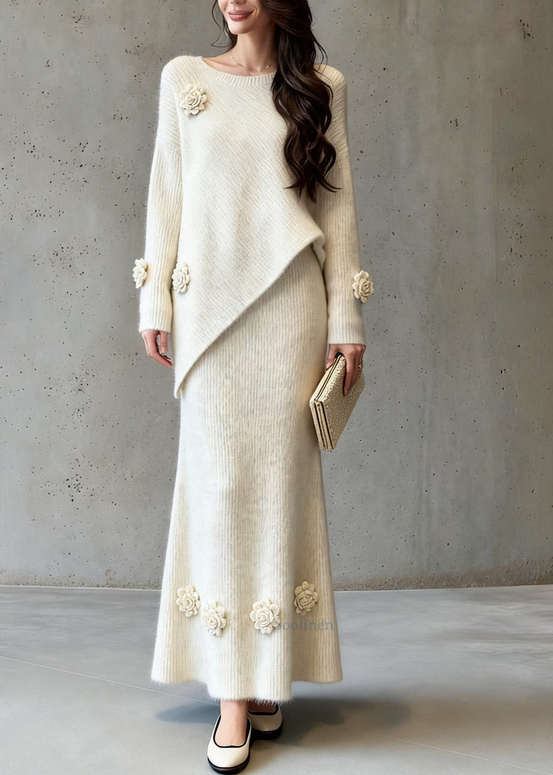 Natural Asymmetrical Cotton Knit Sweaters and a Line Skirts Two-piece Set Spring