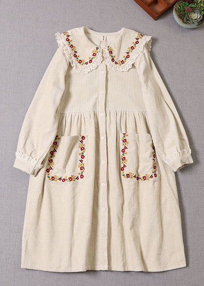 Natural Beige Embroideried Corduroy Winter Coat