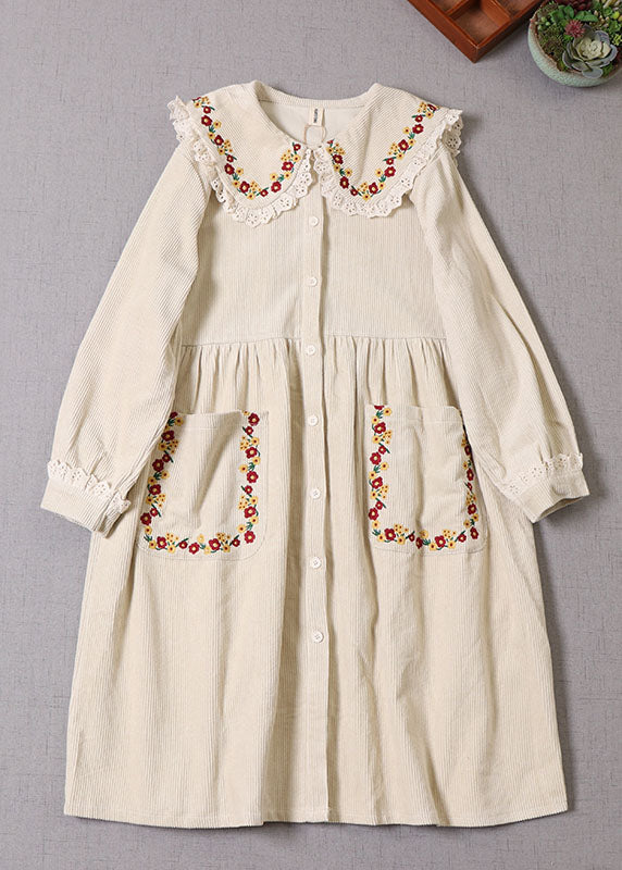 Natural Beige Embroideried Corduroy Winter Coat