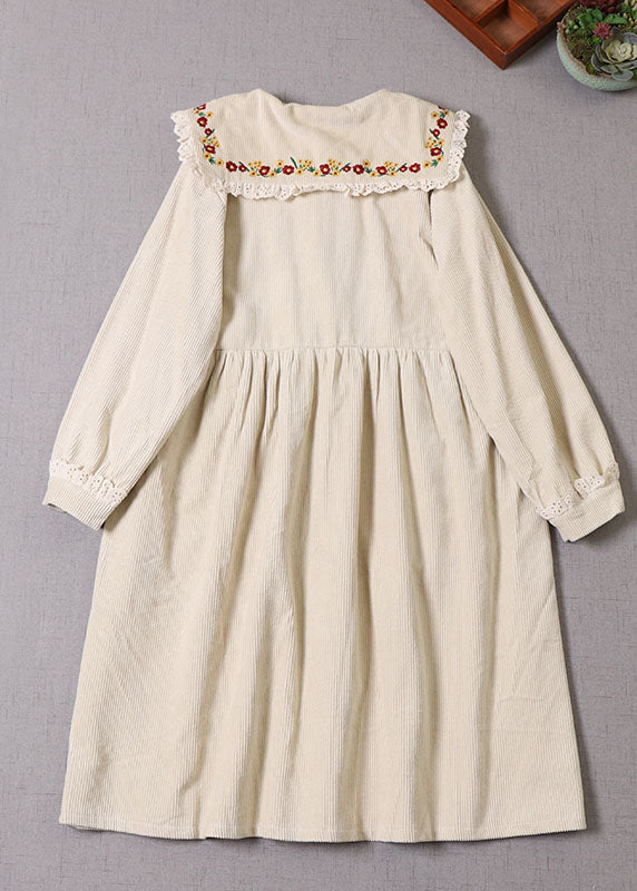 Natural Beige Embroideried Corduroy Winter Coat