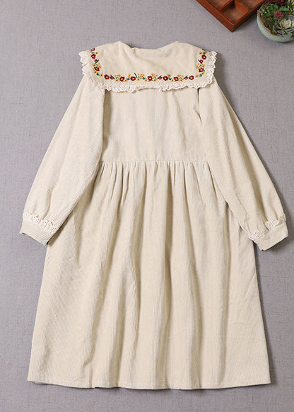 Natural Beige Embroideried Corduroy Winter Coat