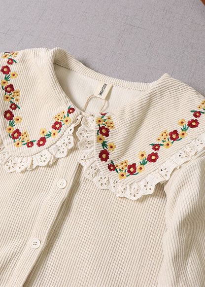 Natural Beige Embroideried Corduroy Winter Coat