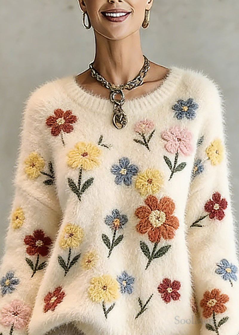 Natural Beige O-neck Embroidered Cotton Knit Sweater Tops Spring