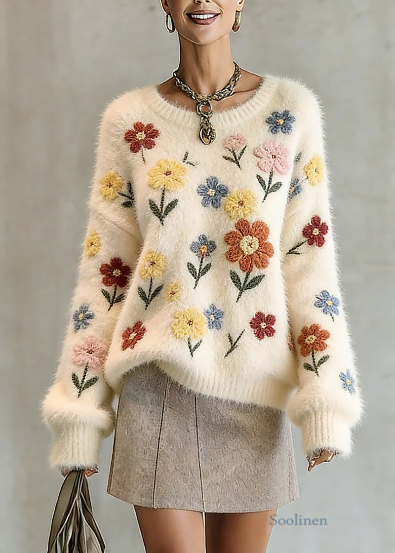 Natural Beige O-neck Embroidered Cotton Knit Sweater Tops Spring