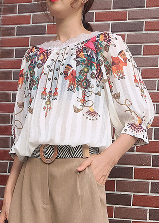 Natural Beige O-neck Print Silk Shirt Summer