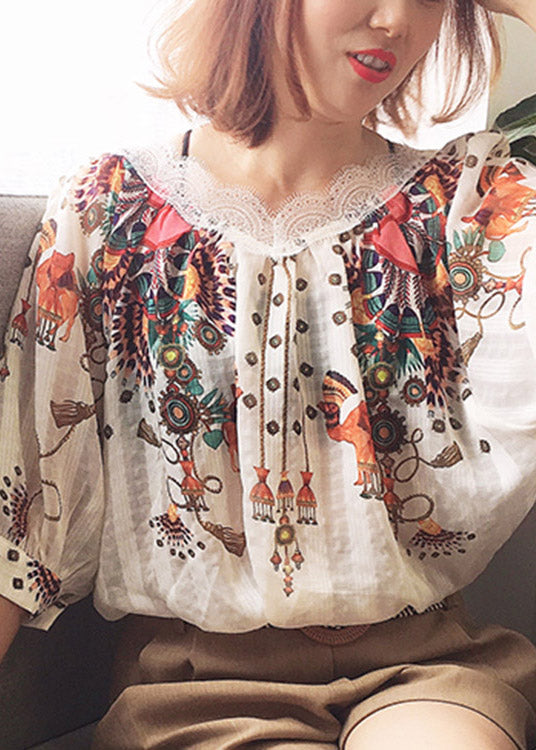 Natural Beige O-neck Print Silk Shirt Summer