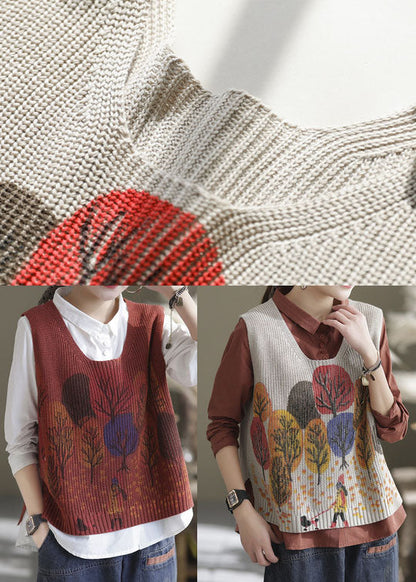 Natural Beige Print Knit Vest Sleeveless
