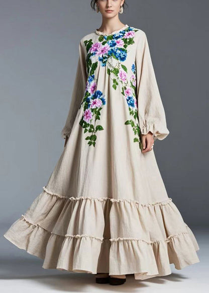 Natural Beige Ruffled Exra Large Hem Cotton Maxi Dresses Spring