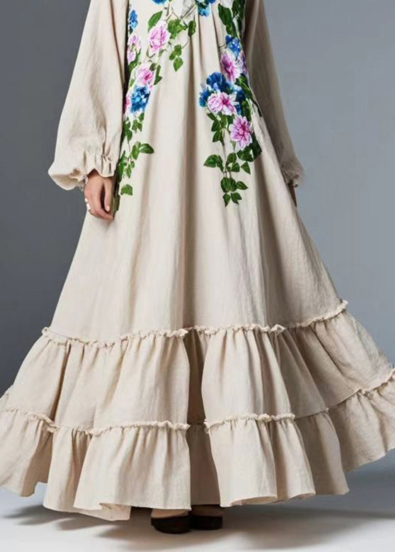 Natural Beige Ruffled Exra Large Hem Cotton Maxi Dresses Spring