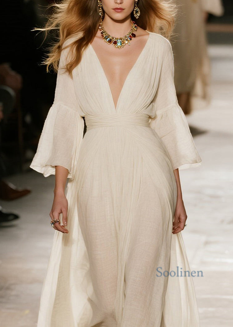 Natural Beige V Neck Patchwork Cotton Maxi Dresses Spring