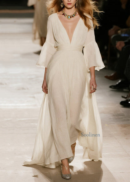 Natural Beige V Neck Patchwork Cotton Maxi Dresses Spring