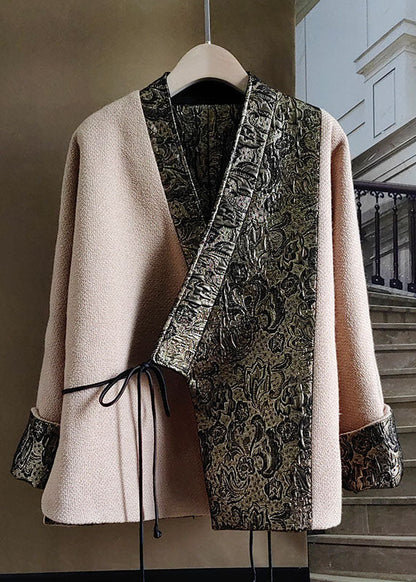 Natural Beige V Neck Wear on Both Sides Patchwork Wool Outwear Spring
