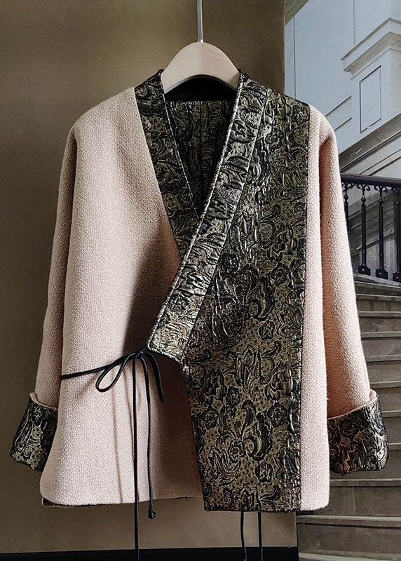 Natural Beige V Neck Wear on Both Sides Patchwork Wool Outwear Spring