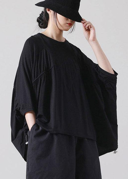 Natural Black Batwing Sleeve Cotton Summer Short Sleeve Tops