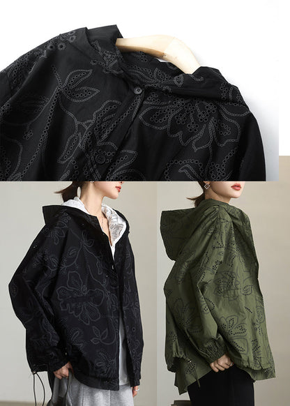 Natural Black Embroidered Cotton Hoodies Outwear Spring