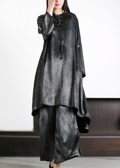 Natural Black O-neck Draping Silk Long Top and Wide Leg Pants Two Piece Set Long Sleeve
